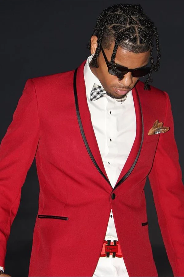 Red Shawl Lapel One-Button Prom Suit with White Pants - Image 2