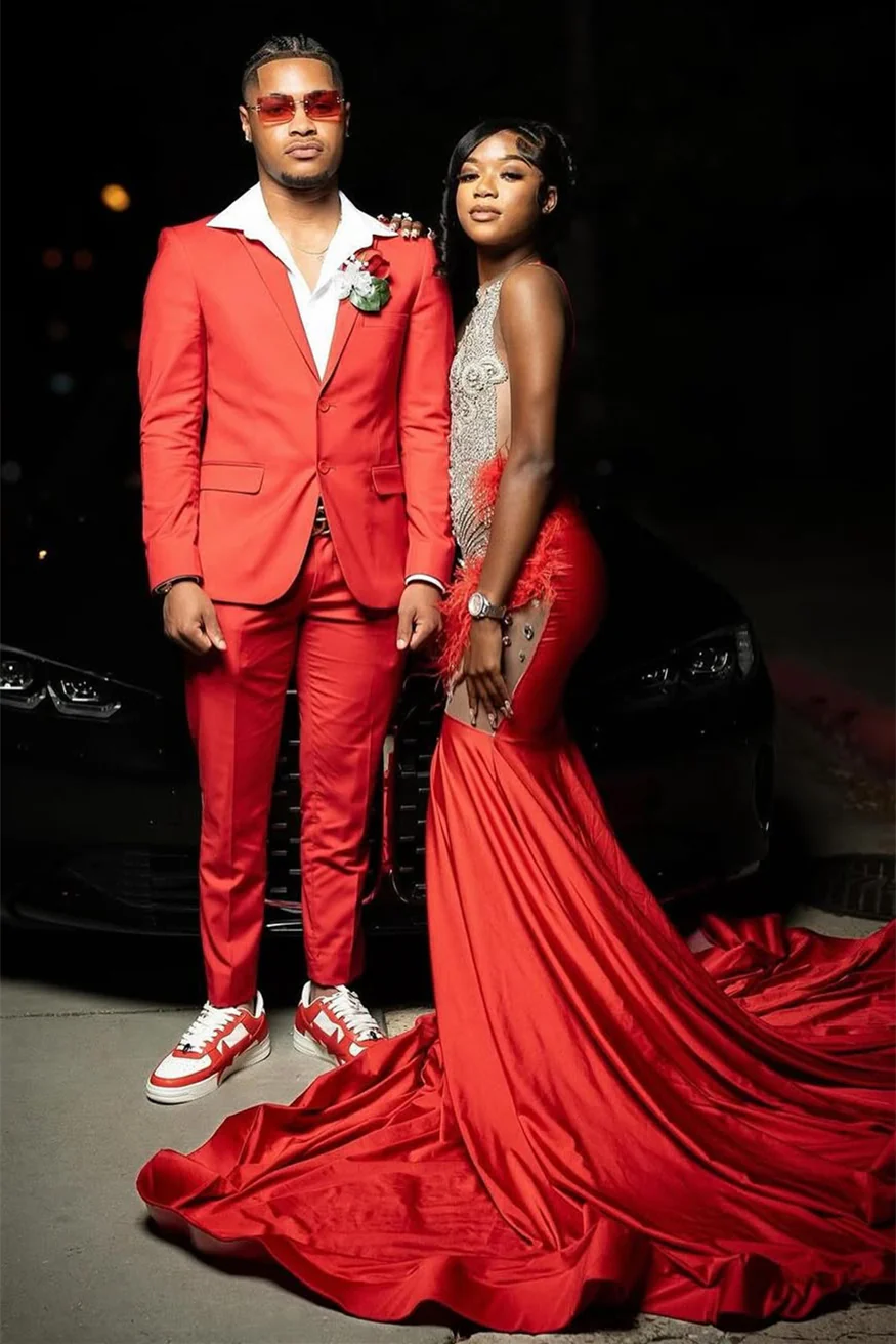 Red Silver Beaded Mermaid Sleeveless Long Mermaid Prom Dresses - Image 2