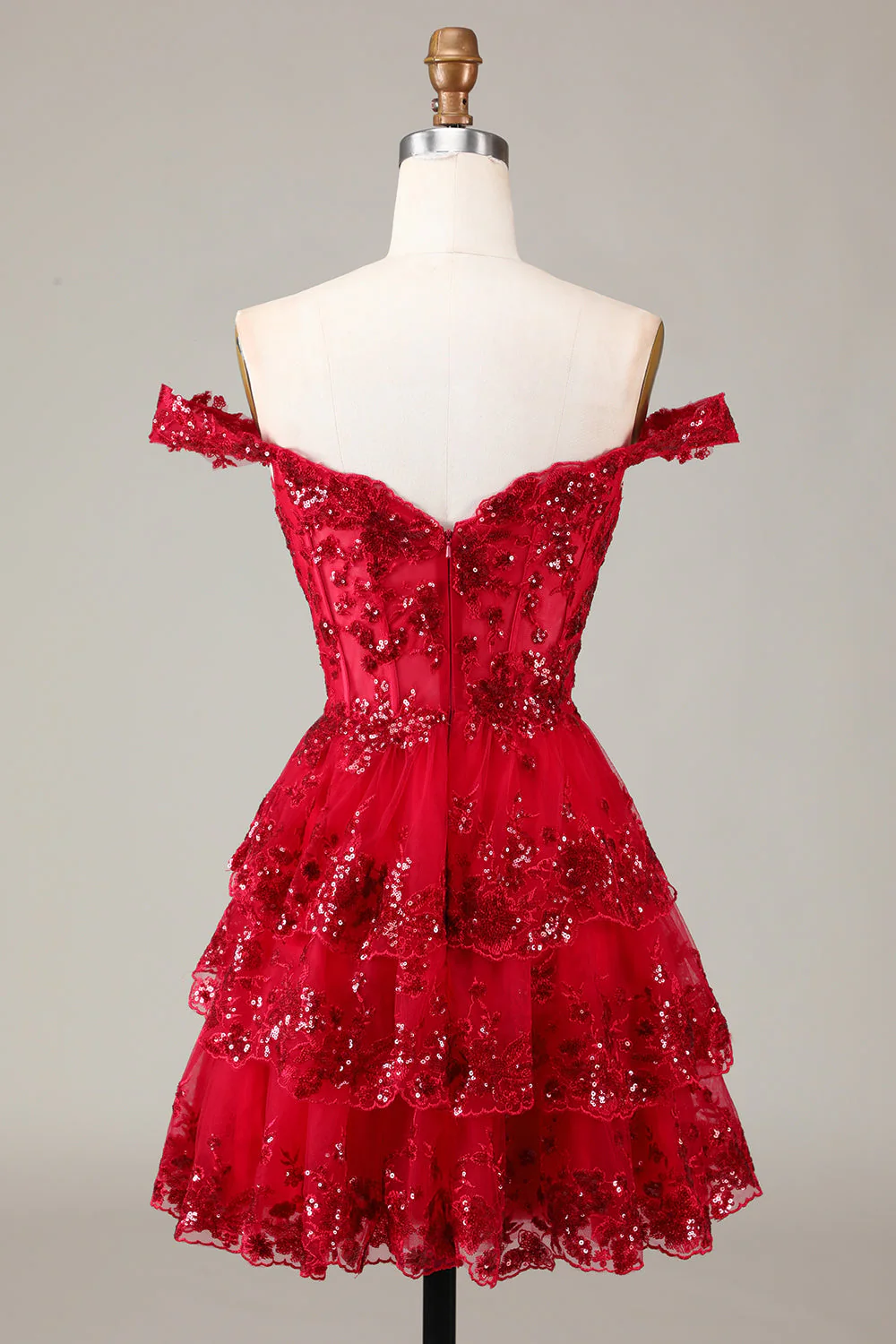 Red Sparkly Corset Tiered Lace A-Line Homecoming Dress - Image 2
