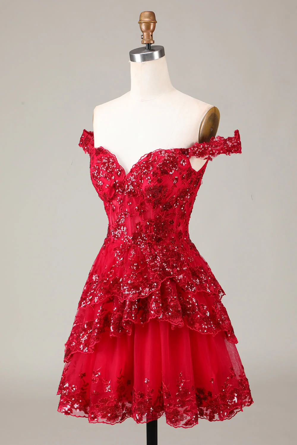 Red Sparkly Corset Tiered Lace A-Line Homecoming Dress - Image 3
