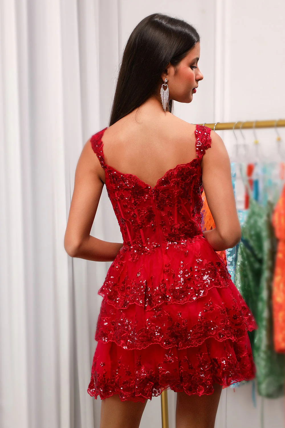 Red Sparkly Corset Tiered Lace A-Line Homecoming Dress - Image 5