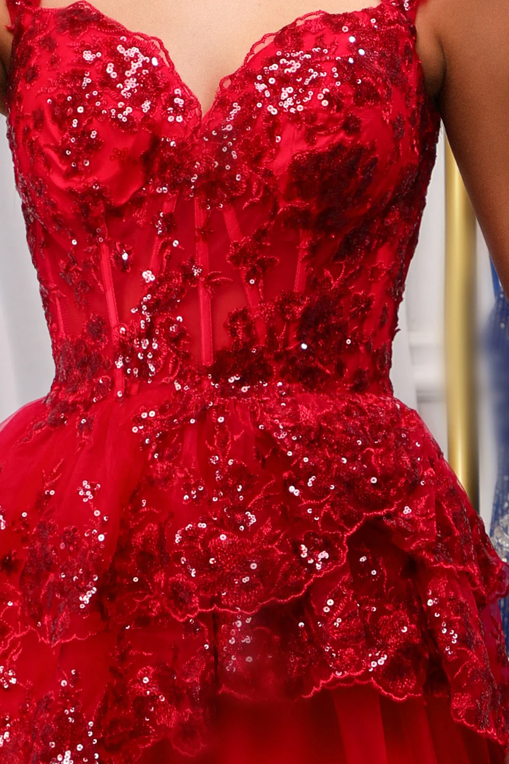 Red Sparkly Corset Tiered Lace A-Line Homecoming Dress - Image 7