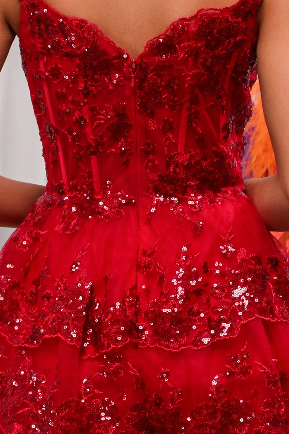 Red Sparkly Corset Tiered Lace A-Line Homecoming Dress - Image 8