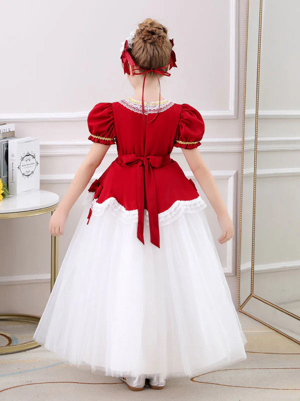 Red Square Neck Short Sleeves Ankle-Length Princess Tulle Flowers Kids Party Dresses - Image 2