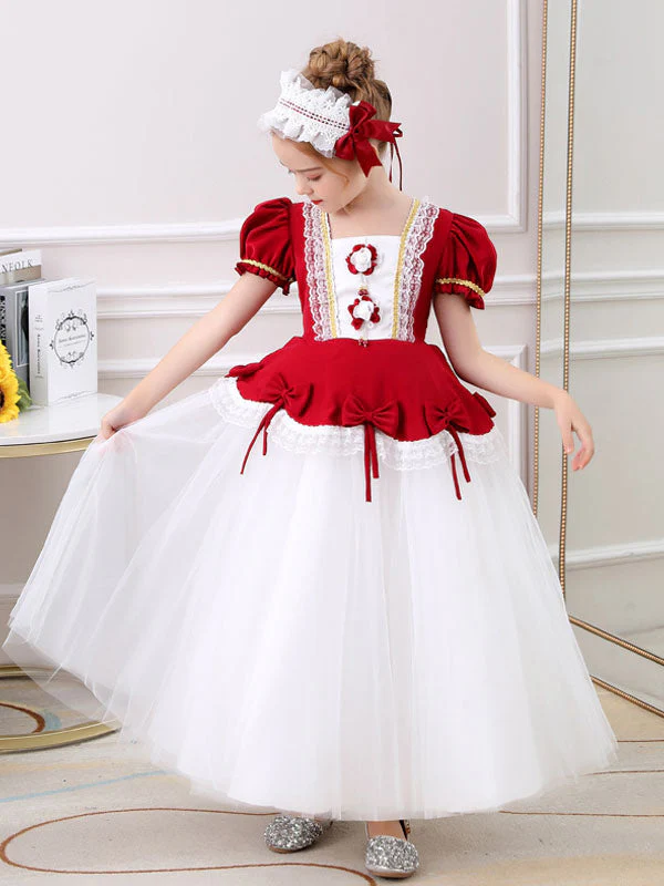 Red Square Neck Short Sleeves Ankle-Length Princess Tulle Flowers Kids Party Dresses - Image 3