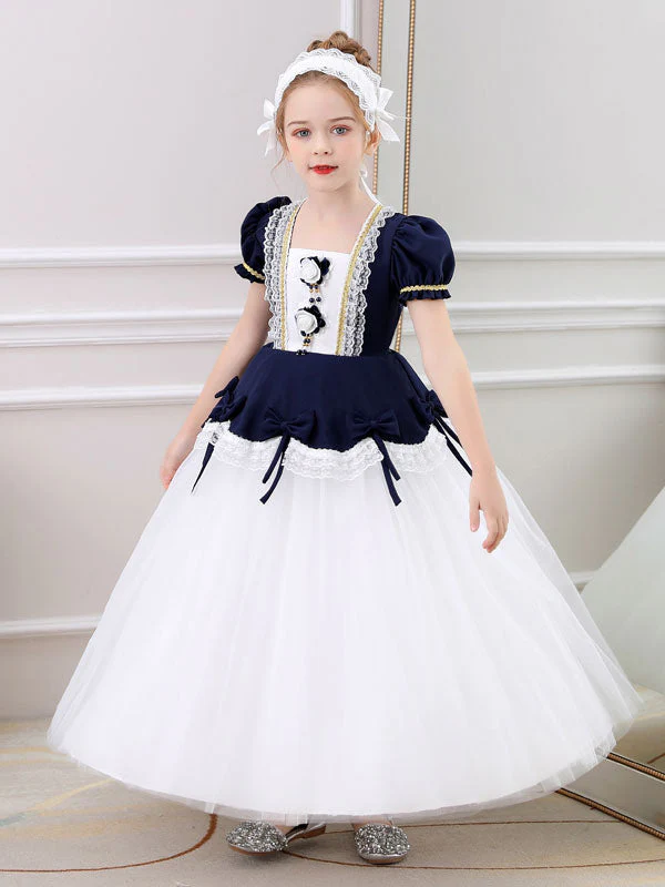 Red Square Neck Short Sleeves Ankle-Length Princess Tulle Flowers Kids Party Dresses - Image 4