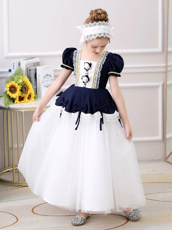 Red Square Neck Short Sleeves Ankle-Length Princess Tulle Flowers Kids Party Dresses - Image 5