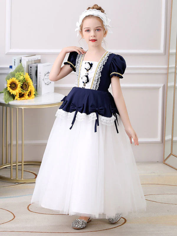 Red Square Neck Short Sleeves Ankle-Length Princess Tulle Flowers Kids Party Dresses - Image 6