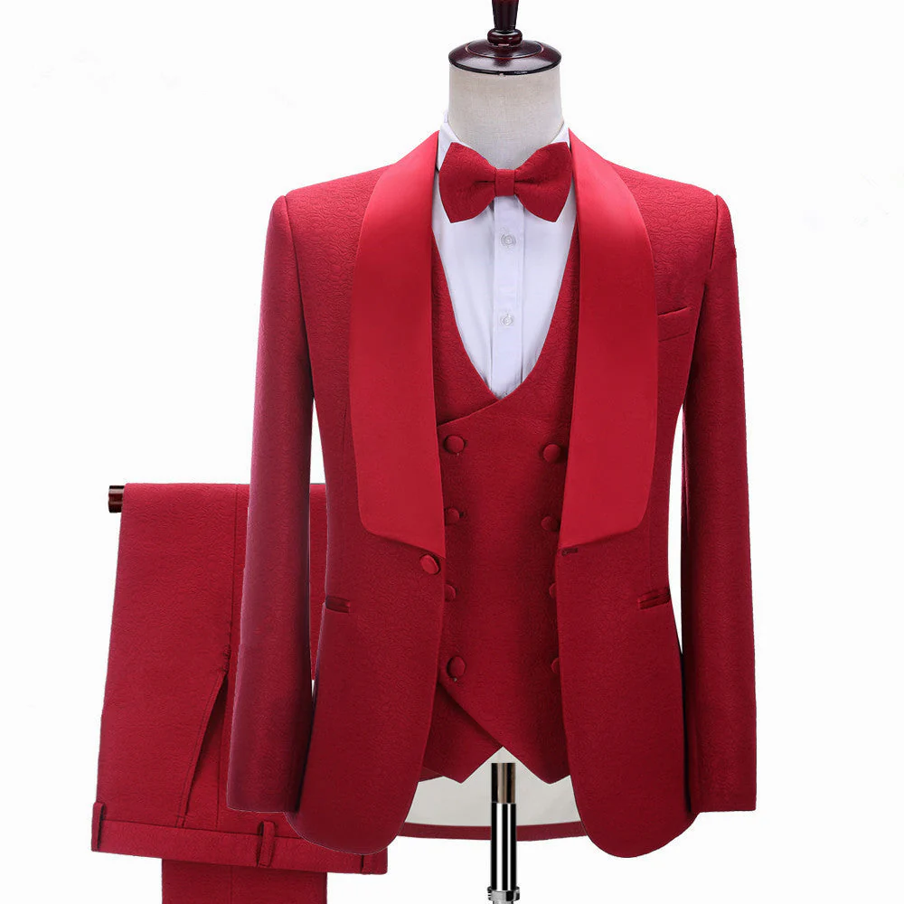 Red Three-piece Shawl Lapel Slim Fit Wedding Suits - Image 2