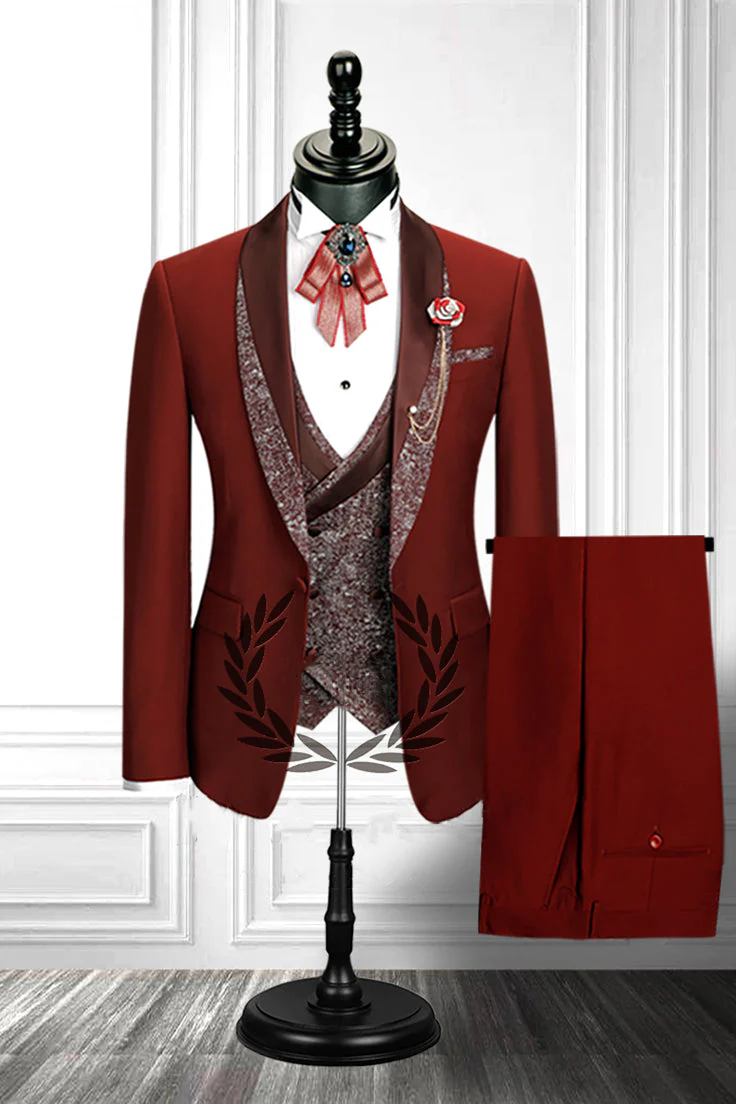 Red Three-piece Stitching Lapel Custom design Double Breasted Waistcoat Men Formal Suit - Image 2