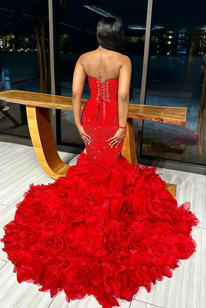 Red V-neck Strapless Ruffles Mermaid Sleeveless Gorgeous Prom Dresses - Image 2