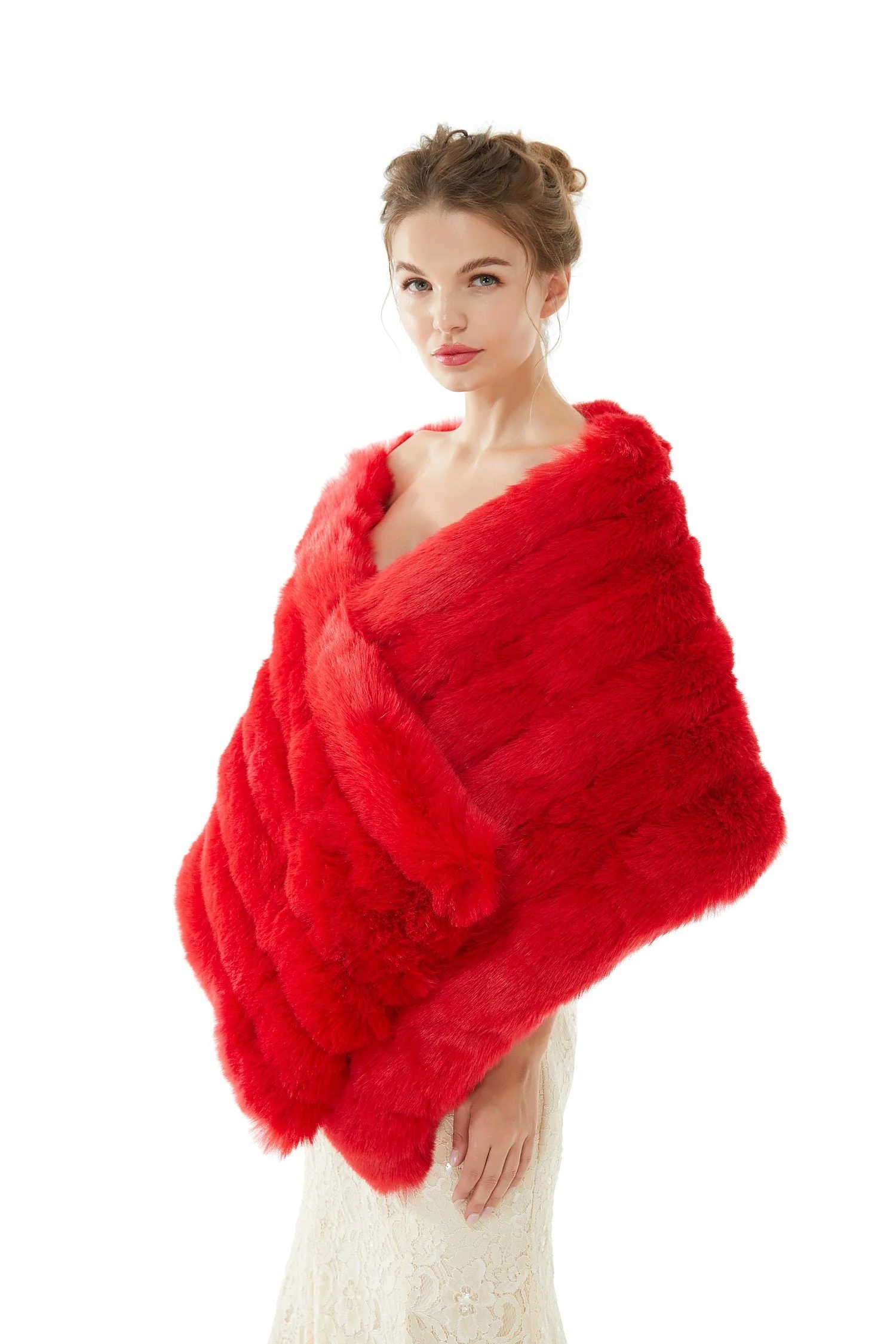Red Wedding Shawl Faux Fur Stole Fluffy Bridal Wrap Shrug - Image 2