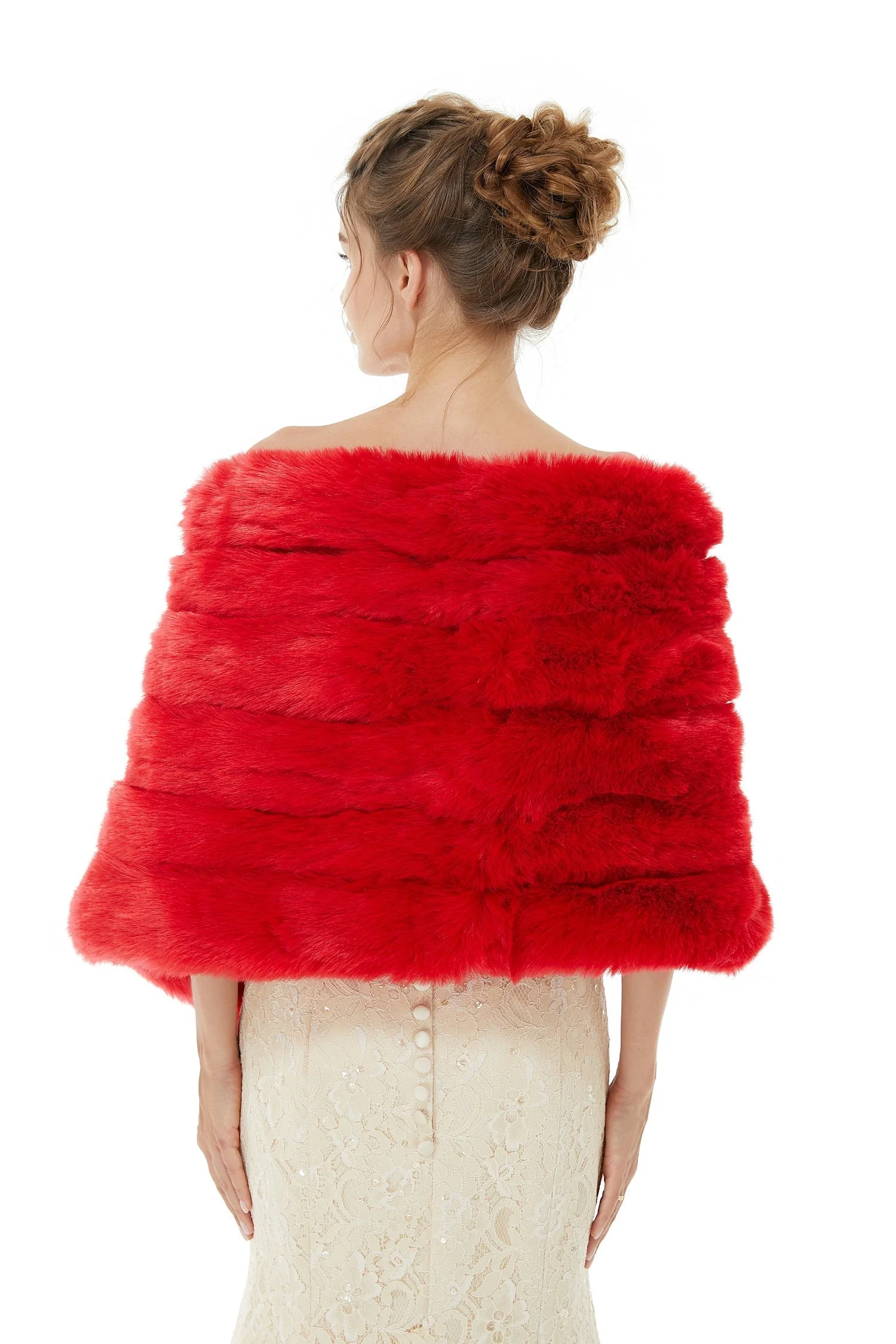 Red Wedding Shawl Faux Fur Stole Fluffy Bridal Wrap Shrug - Image 3