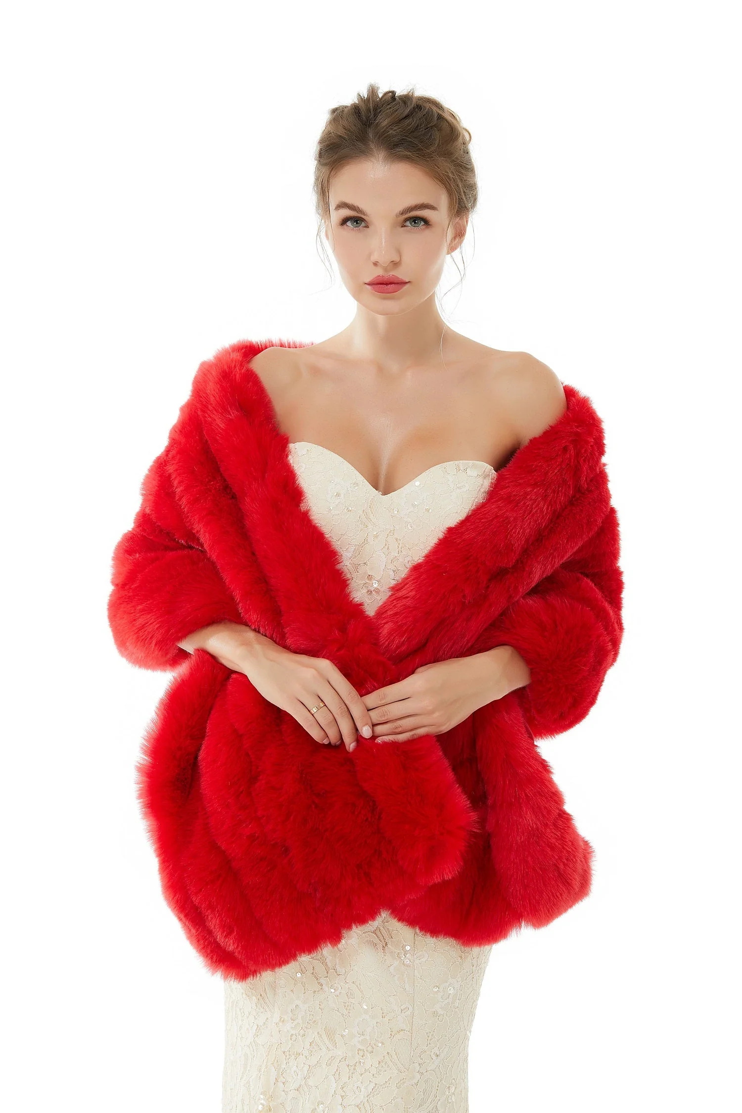 Red Wedding Shawl Faux Fur Stole Fluffy Bridal Wrap Shrug - Image 4