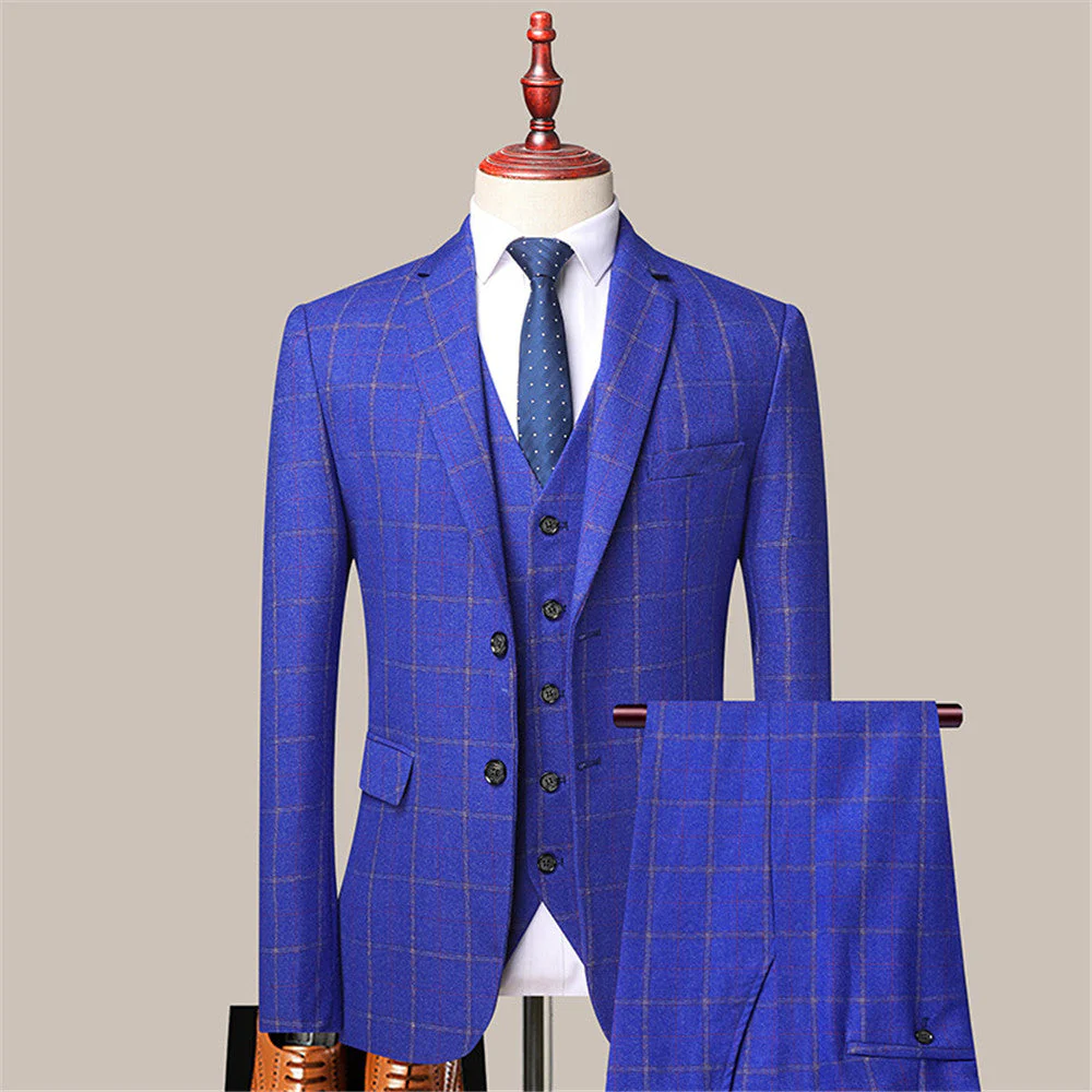 Modern Royal Blue Classic Plaid Slim Fit Formal Men Suits - Image 2