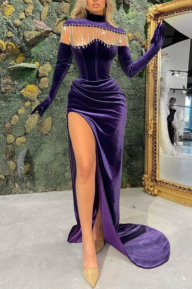 Regency Long Sleeves High Neck Prom Dress Mermaid Long With Slit - Image 3