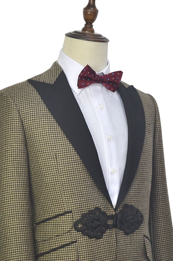 Retro Small Checked Marriage Suits Knitted Button Black Peak Lapel Wedding Suits for Men - Image 3