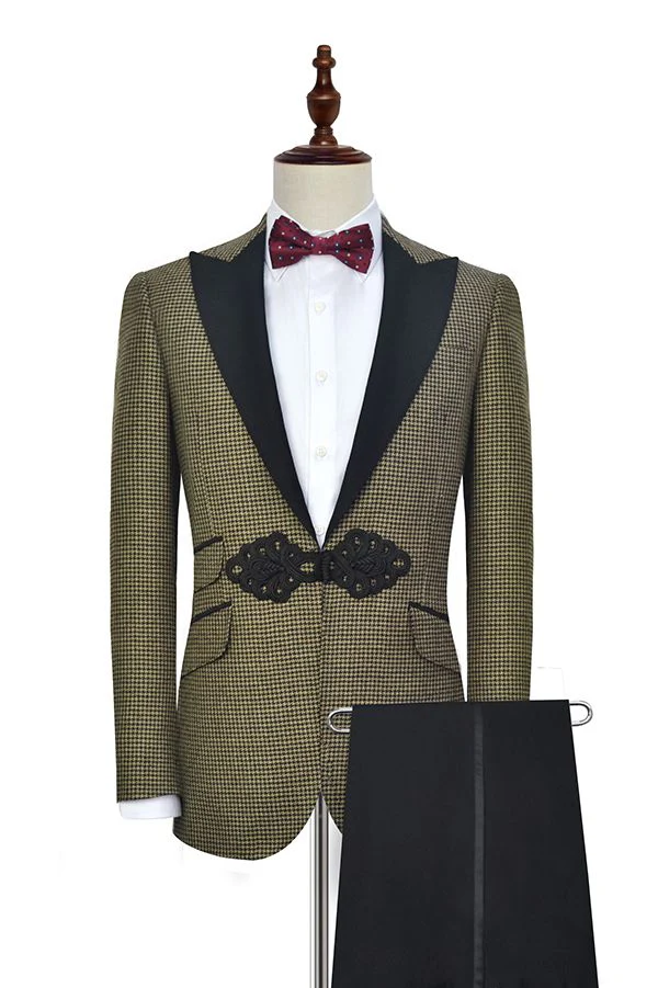 Retro Small Checked Prom Suits Knitted Button Black Peak Lapel Wedding Suits for Men - Image 2