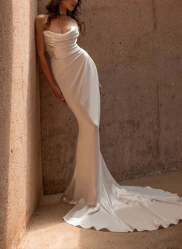 Retro style Trumpet Mermaid Fitted Cowl Neck Silk Like Satin Wedding Dresses - Image 3