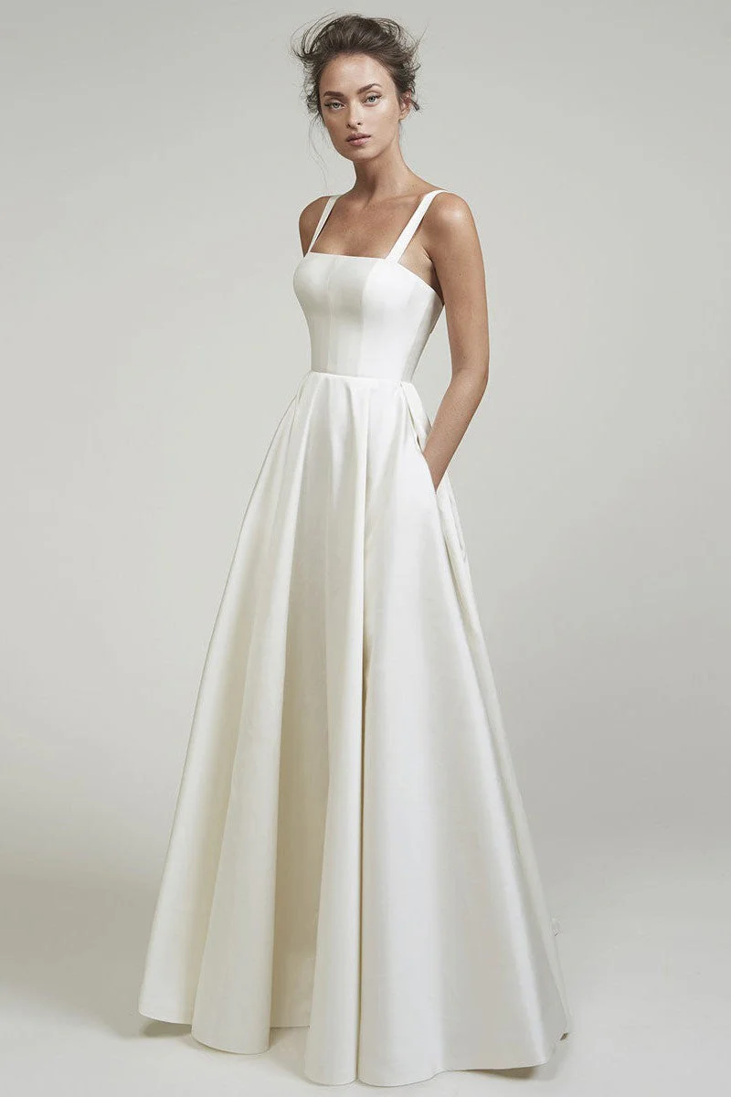Retro Wedding Dresses Square Neck Sleeveless Satin Fabric Court Train Sash Bridal Dress - Image 6