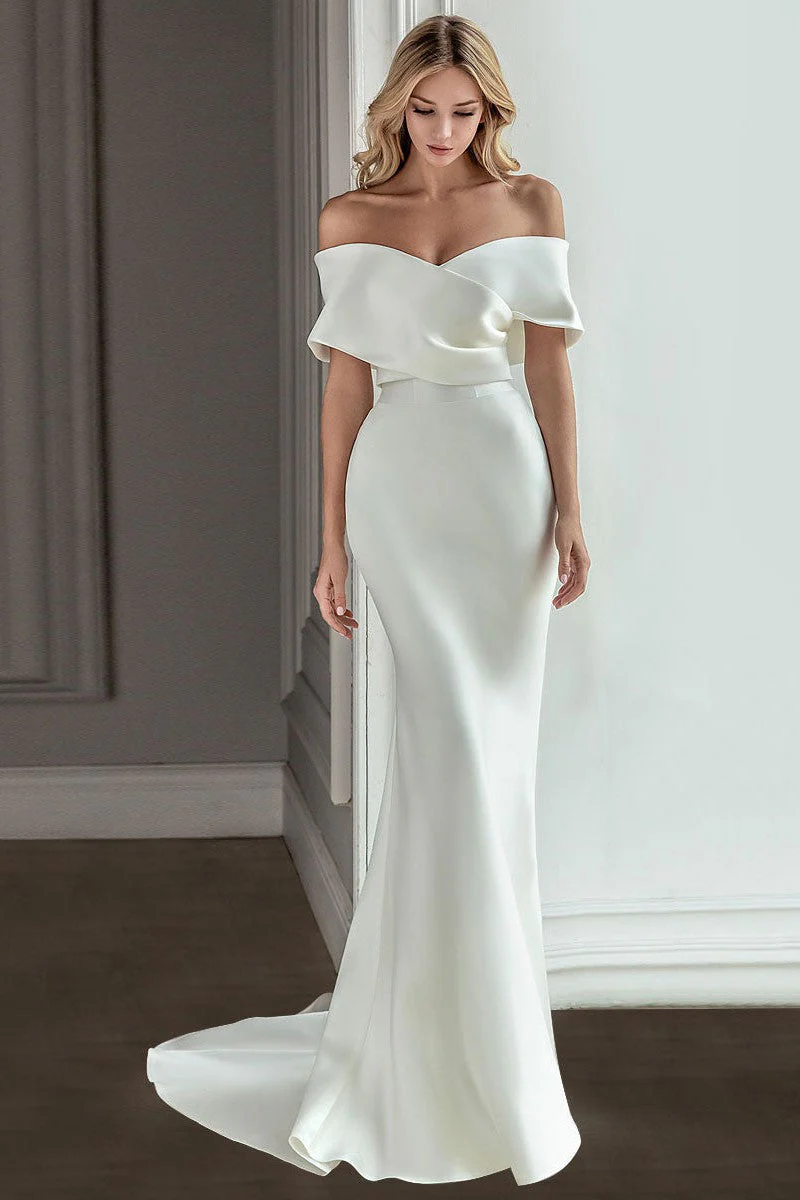 Retro White Wedding Dress With Train Satin Off The Shoulder Pleated Mermaid Bridal Gowns - Image 2