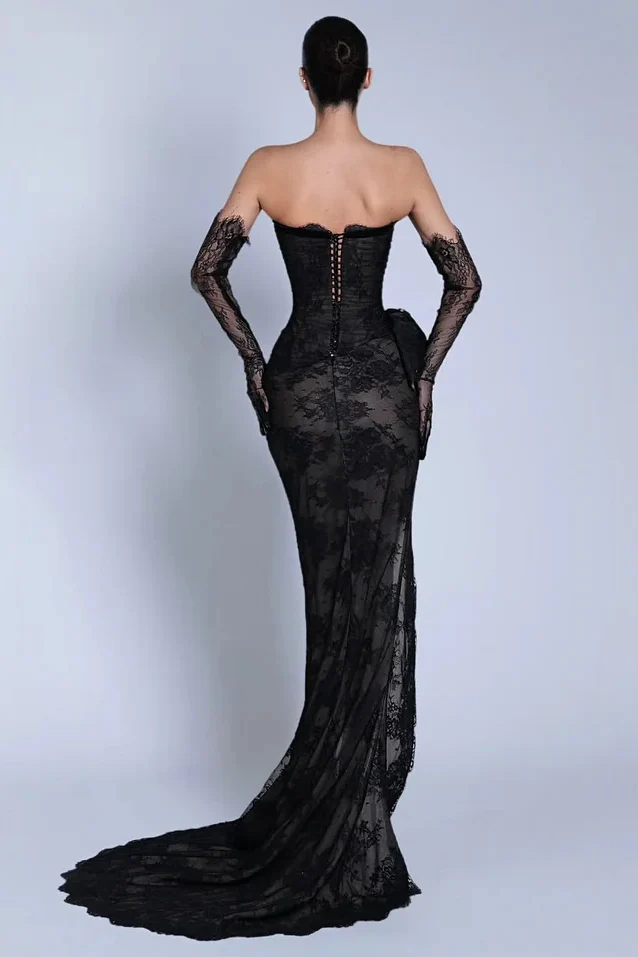 Romantic Black Strapless Mermaid Prom Dress High Split With Lace-Up Back Gloves - Image 2