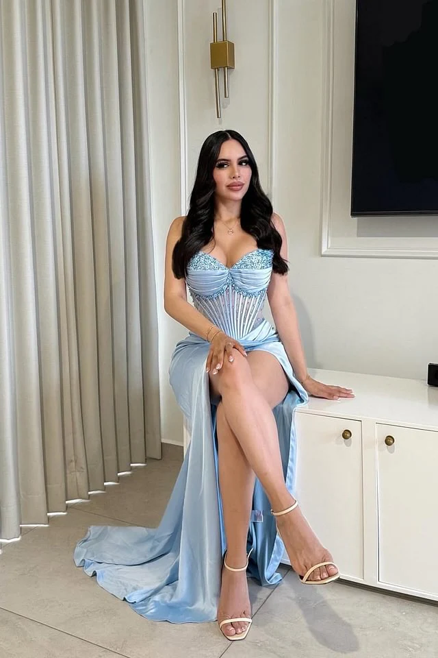 Romantic Blue Sweetheart Satin Prom Dresses Column With High Slit Beads - Image 2