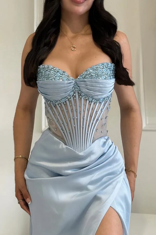 Romantic Blue Sweetheart Satin Prom Dresses Column With High Slit Beads - Image 3