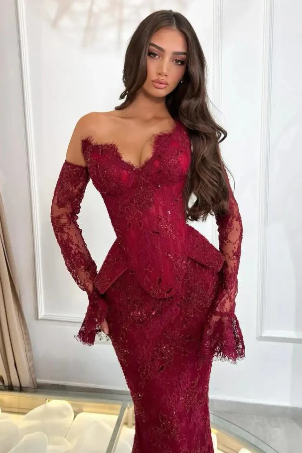 Romantic Burgundy Strapless V-Neck Lace Prom Dresses Mermaid Sheath With Gloves - Image 2