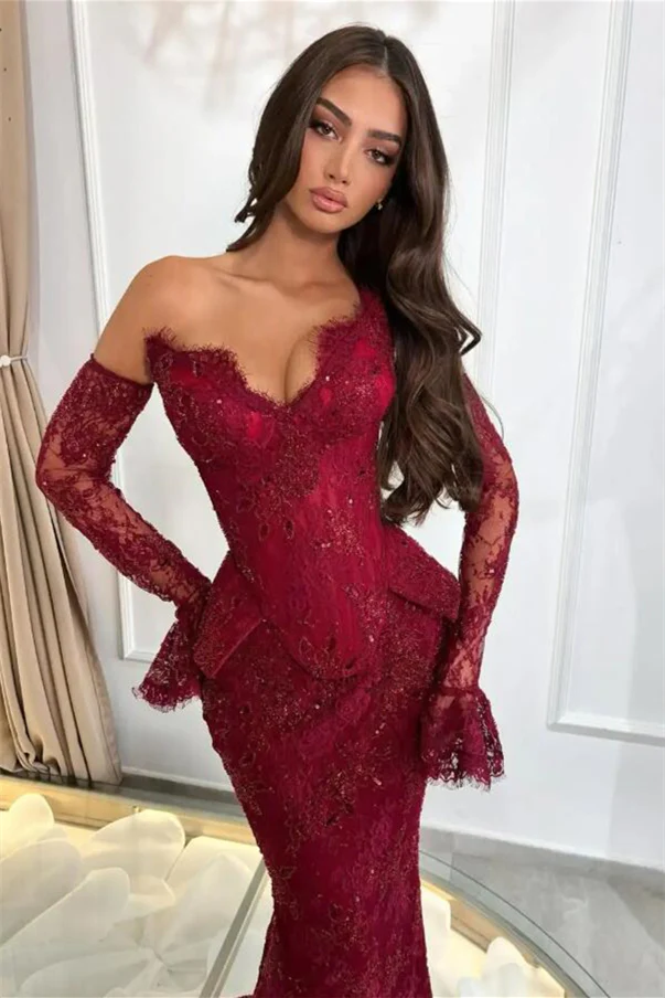 Romantic Burgundy Strapless V-Neck Lace Prom Dresses Mermaid Sheath With Gloves - Image 3