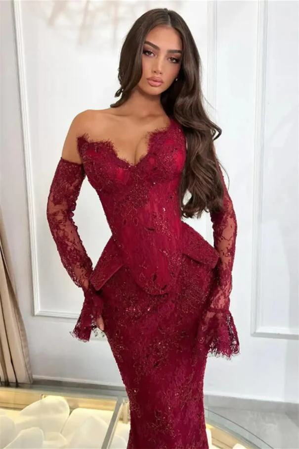 Romantic Burgundy Strapless V-Neck Lace Prom Dresses Mermaid Sheath With Gloves - Image 4
