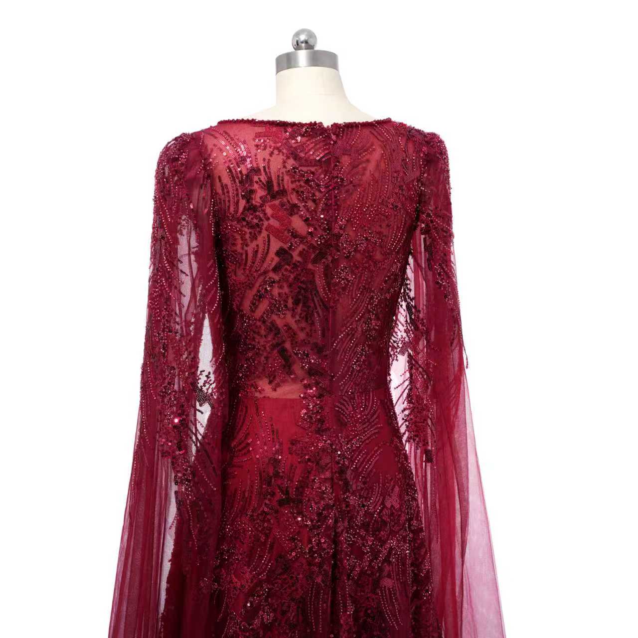Romantic Burgundy V-Neck Long Sleeves Prom Dresses A-Line Beads With Zipper - Image 2