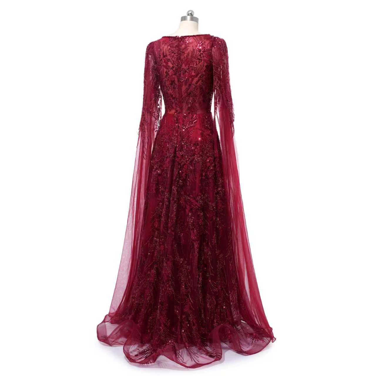 Romantic Burgundy V-Neck Long Sleeves Prom Dresses A-Line Beads With Zipper - Image 3