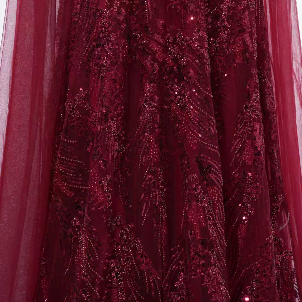 Romantic Burgundy V-Neck Long Sleeves Prom Dresses A-Line Beads With Zipper - Image 4
