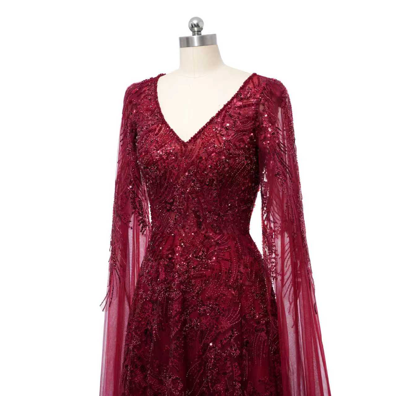 Romantic Burgundy V-Neck Long Sleeves Prom Dresses A-Line Beads With Zipper - Image 5