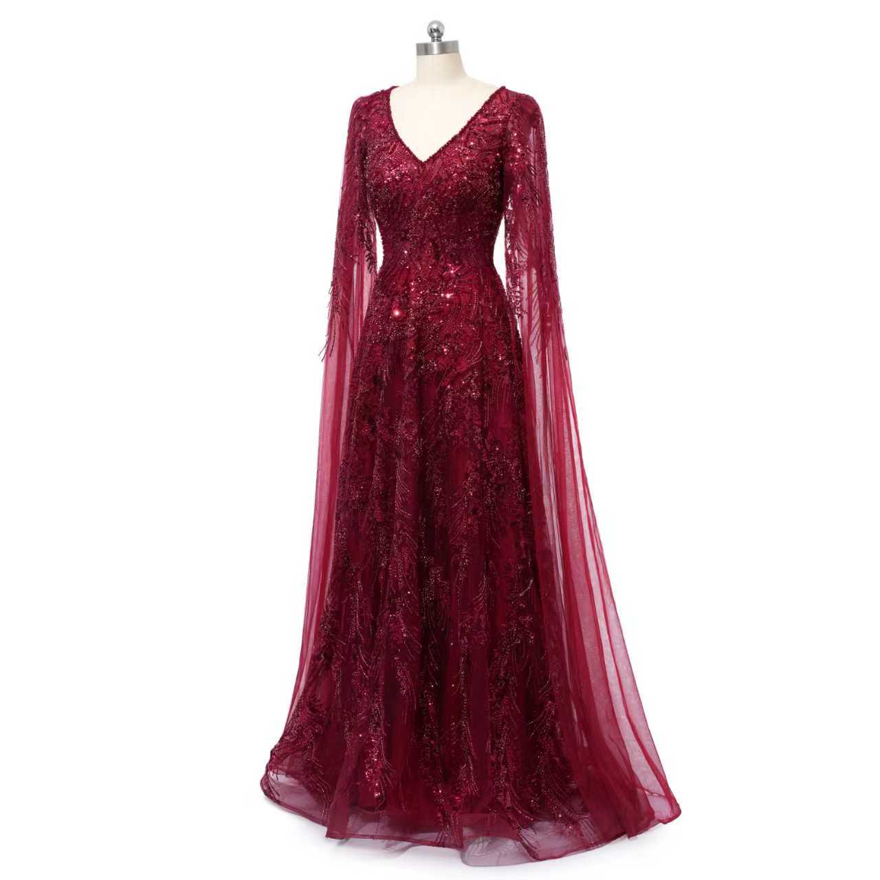 Romantic Burgundy V-Neck Long Sleeves Prom Dresses A-Line Beads With Zipper - Image 6