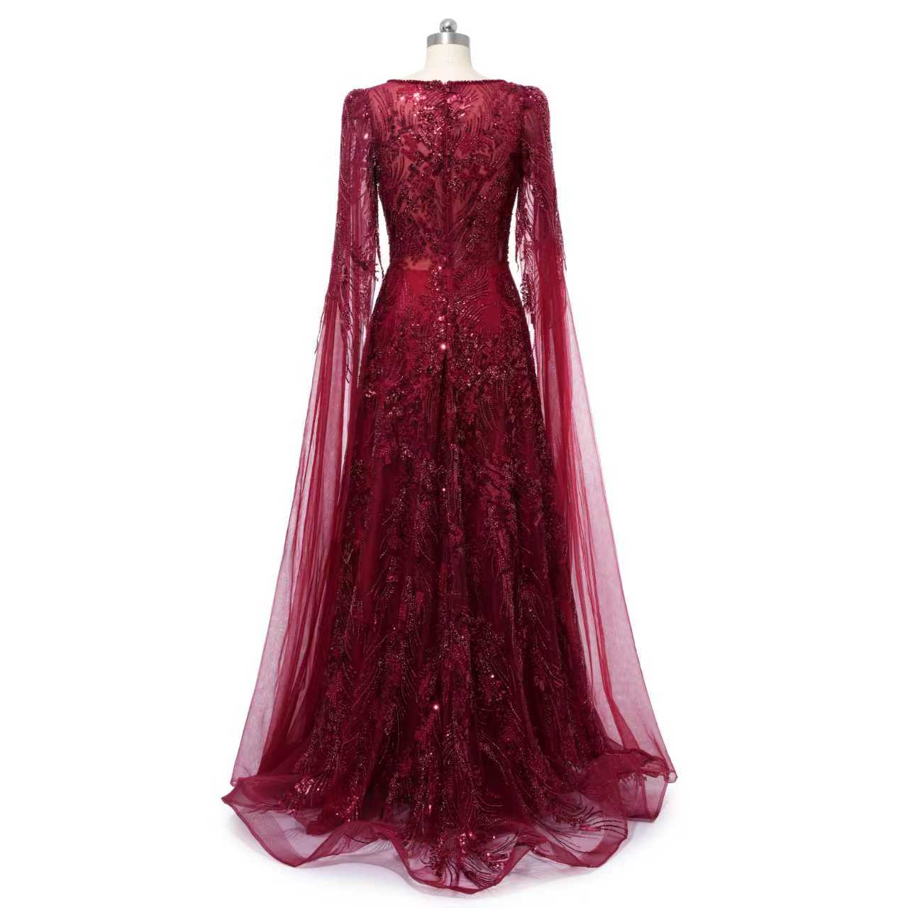Romantic Burgundy V-Neck Long Sleeves Prom Dresses A-Line Beads With Zipper - Image 7