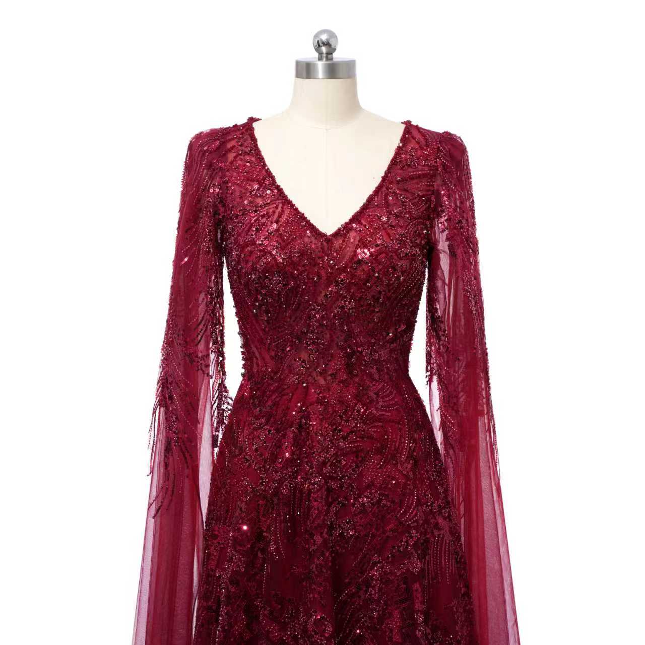 Romantic Burgundy V-Neck Long Sleeves Prom Dresses A-Line Beads With Zipper - Image 8