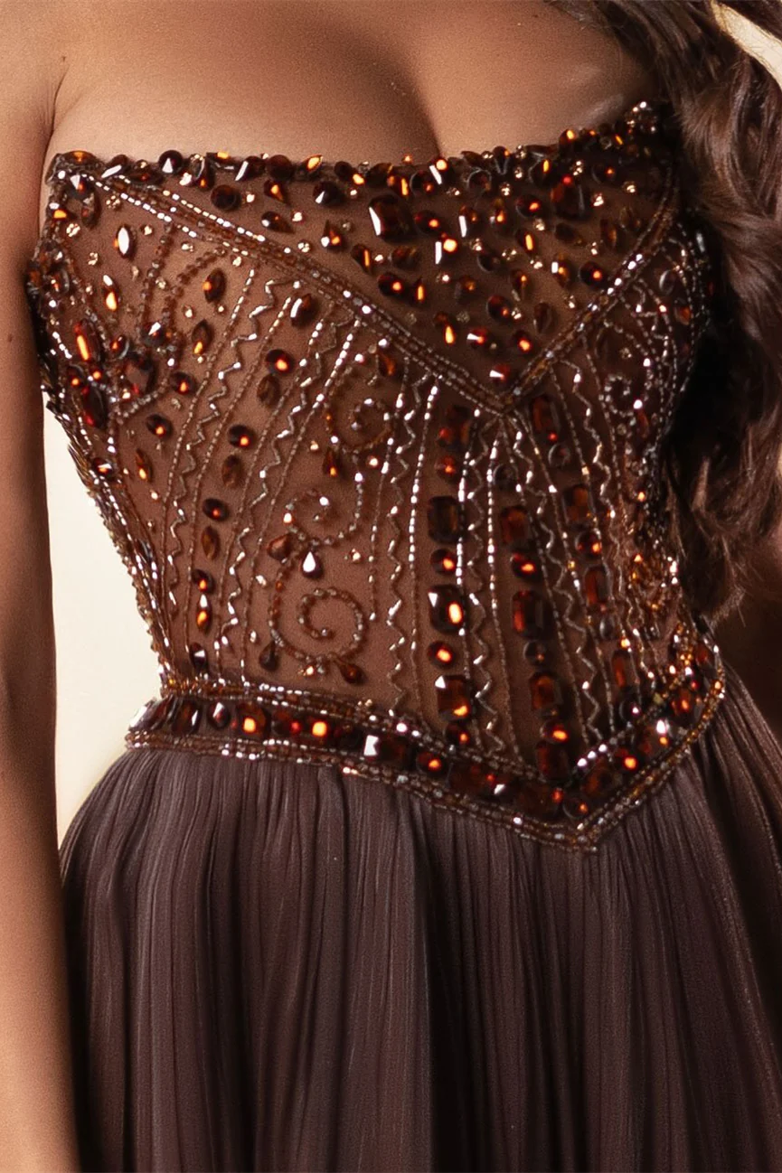 Romantic Chocolate Strapless Sleeveless Chiffon Prom Dresses A-Line Gem With Beads - Image 2