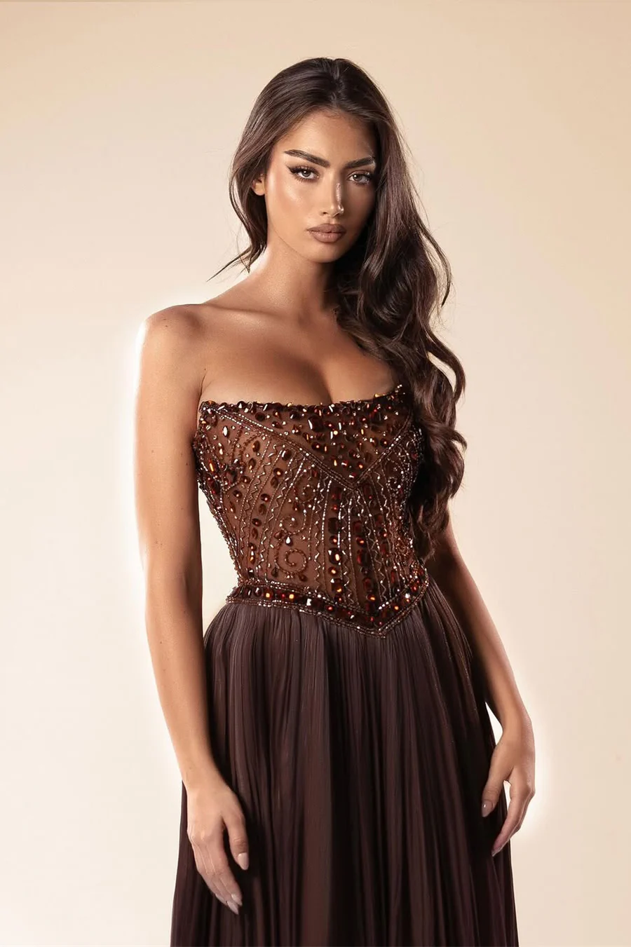 Romantic Chocolate Strapless Sleeveless Chiffon Prom Dresses A-Line Gem With Beads - Image 3