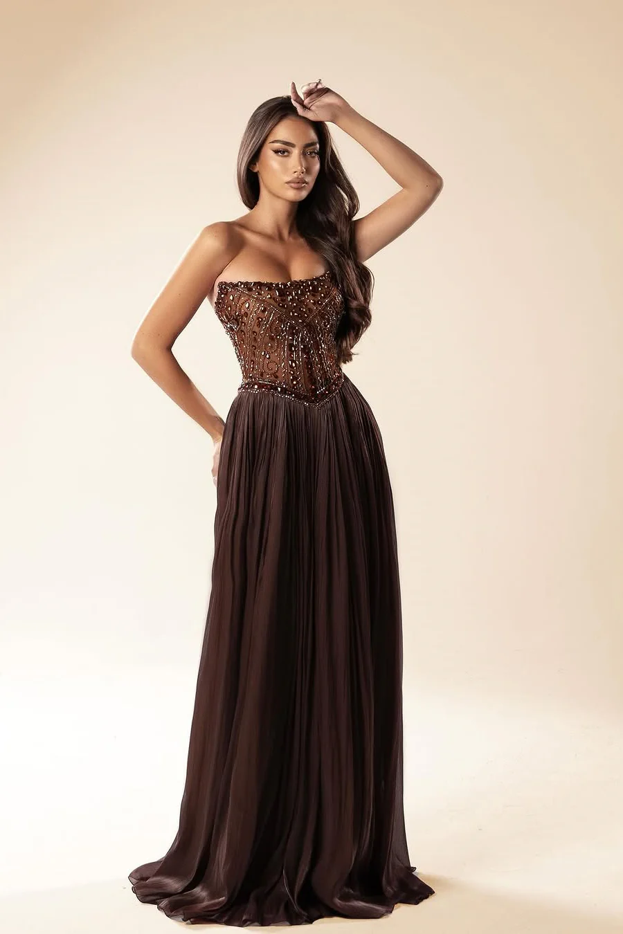 Romantic Chocolate Strapless Sleeveless Chiffon Prom Dresses A-Line Gem With Beads - Image 4
