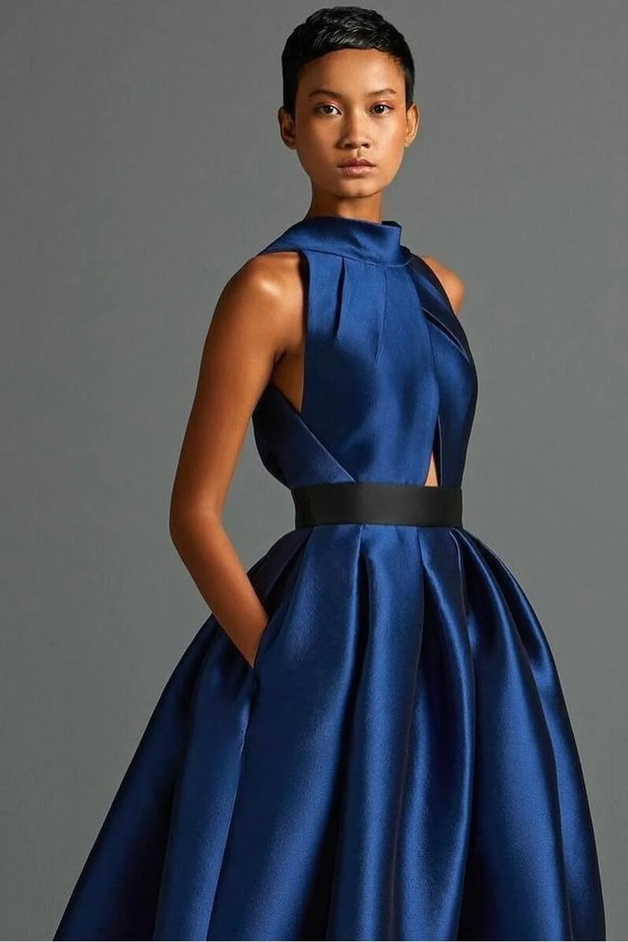 Romantic Dark Navy Halter Sleeveless Satin Prom Dresses A-Line Long With Pleats - Image 2