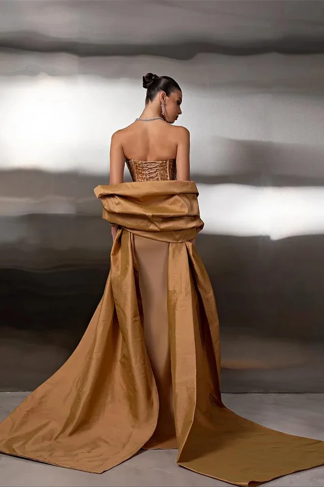 Romantic Gold Sweetheart Strapless Sleeveless Satin Prom Dress Mermaid Beads - Image 2