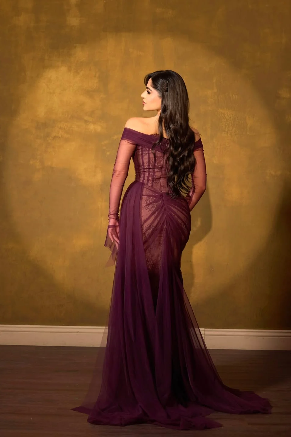 Romantic Grape Sweetheart Off-The-Shoulder Long Sleeves Lace Prom Dress Mermaid Beads With Zipper Ruffles - Image 2