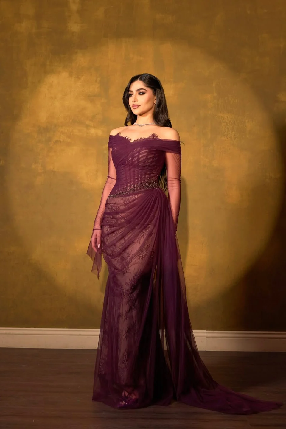 Romantic Grape Sweetheart Off-The-Shoulder Long Sleeves Lace Prom Dress Mermaid Beads With Zipper Ruffles - Image 3