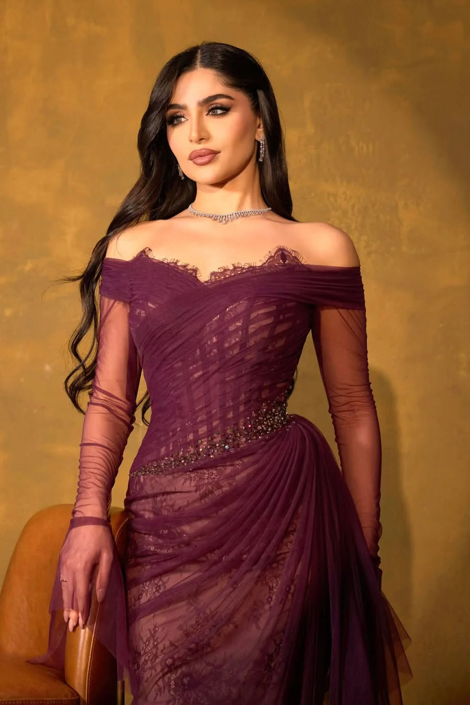 Romantic Grape Sweetheart Off-The-Shoulder Long Sleeves Lace Prom Dress Mermaid Beads With Zipper Ruffles - Image 5