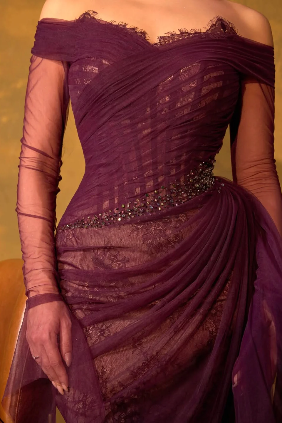 Romantic Grape Sweetheart Off-The-Shoulder Long Sleeves Lace Prom Dress Mermaid Beads With Zipper Ruffles - Image 6