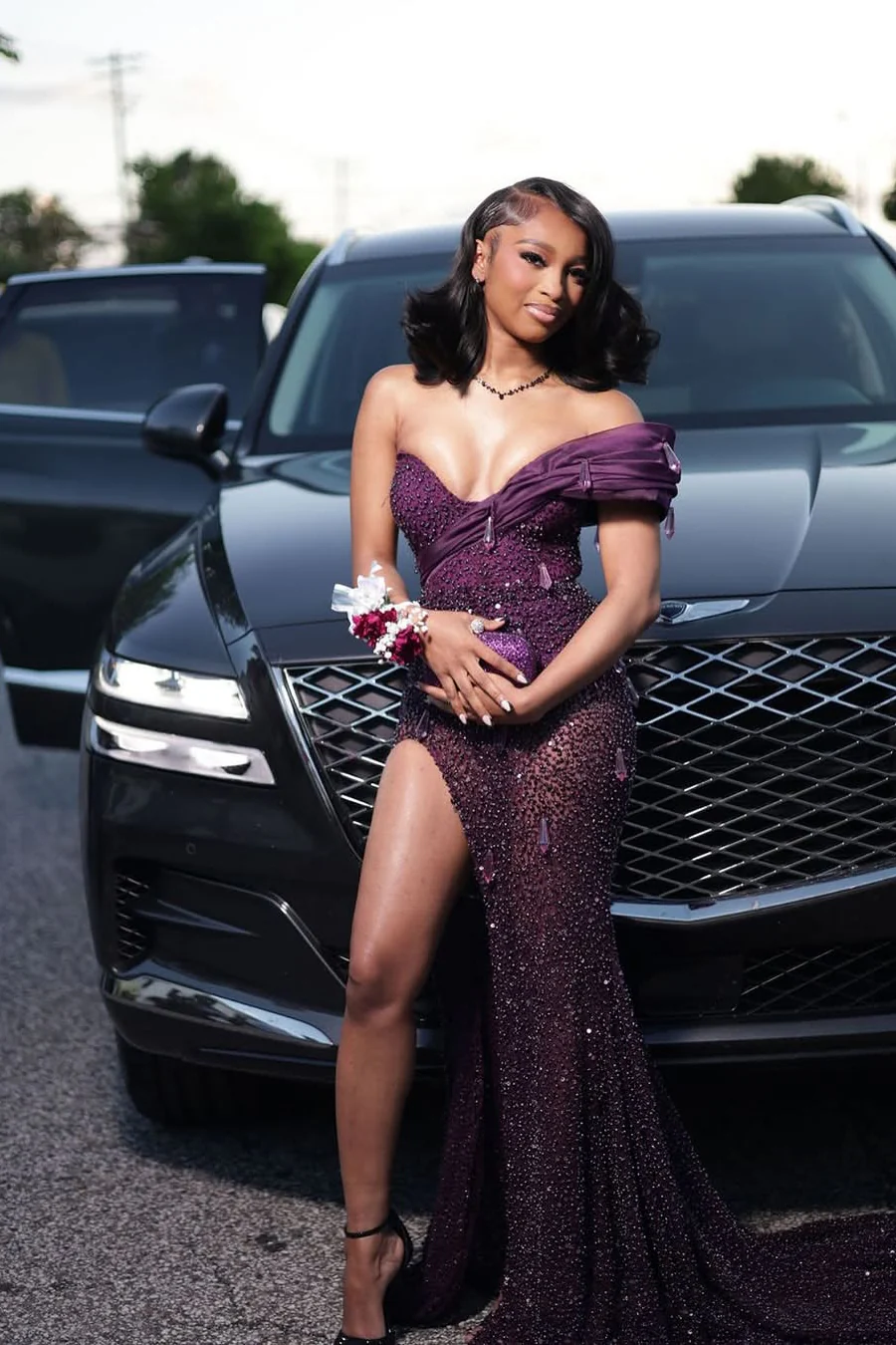 Romantic Grape V-Neck One Shoulder Mermaid Prom Dresses Gem With High Split - Image 10