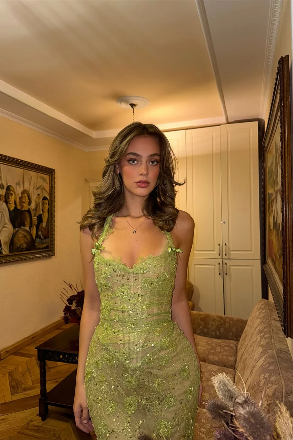 Romantic Green Sweetheart Halter Sleeveless Prom Dresses Mermaid Column With Appliques Beads - Image 3