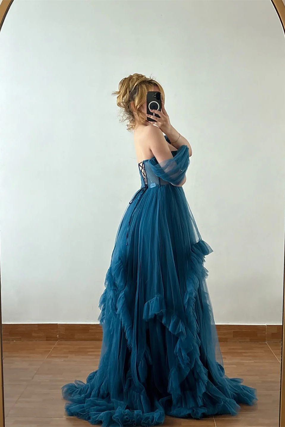 Romantic Ink Blue Off-The-Shoulder Sweetheart Tulle Prom Dress A-Line Pleats With Lace-Up Back - Image 2